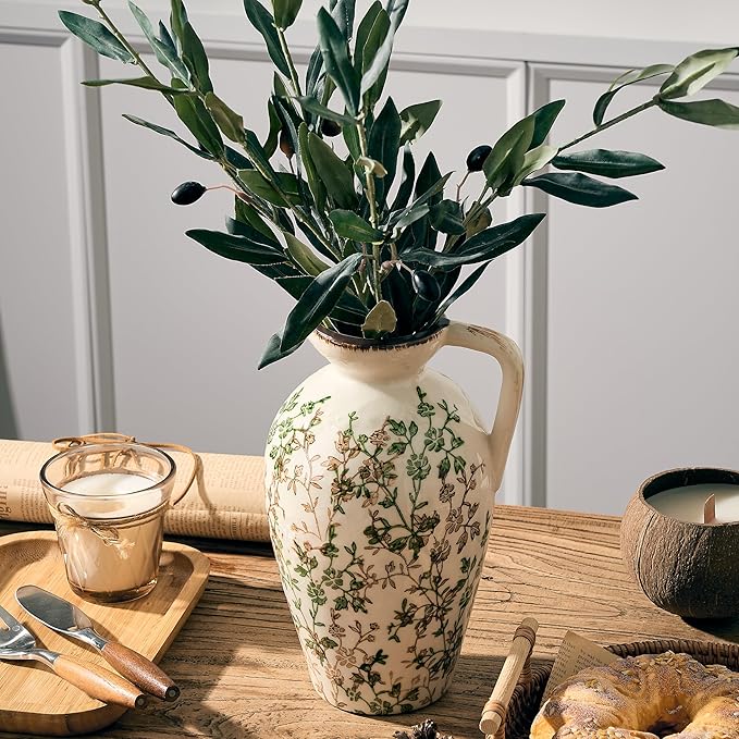 Green and Beige Antique Vase, 8.9 Inch Vintage Chinoiserie Floral Vase, Rustic Ceramic Vase for Home Decor, Living Room, Bookshelf, Office, Entryway, Garden, Chinoiserie Decor, Tuscan Decor