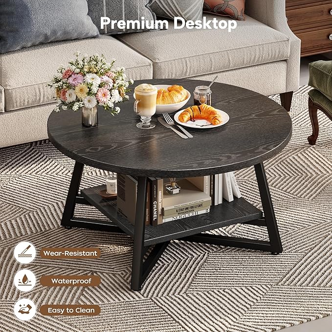 Coffee Table for Living Room, Round Coffee Table, Small Circle Coffee Table with Storage, Modern Wood Round Center Table for Home Office, Small Space, Easy Assembly, Black