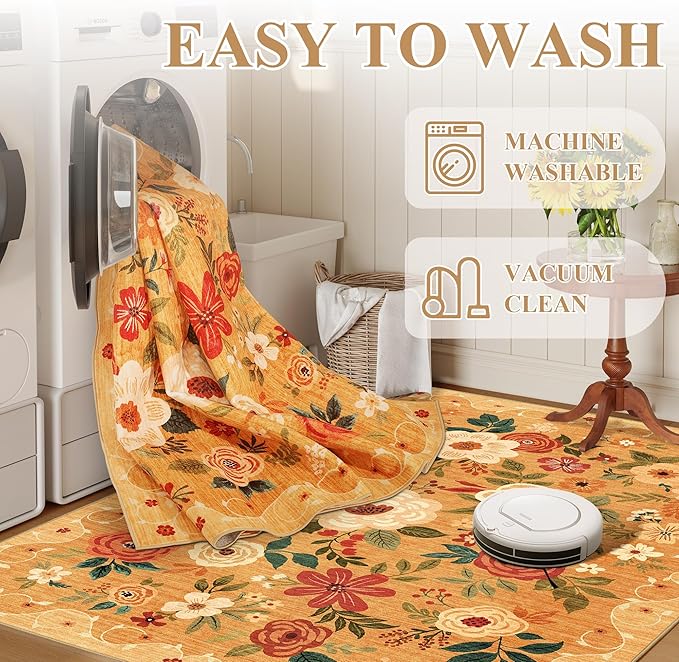 DUKINO Runner Rug, 2x10 Kitchen Hallway Carpet, Washable with Non-Slip Backing, Low Pile Soft Boho Floral for Entryway, Laundry, Bedroom, Orange