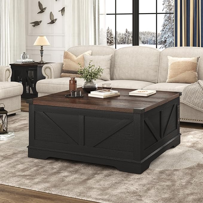 40” Large Farmhouse Lift Top Coffee Table with Power Outlets and Large Hidden Storage, Square Wood Living Room Tables, Multi-Function Lift Wooden Barn Door Center Table, Black