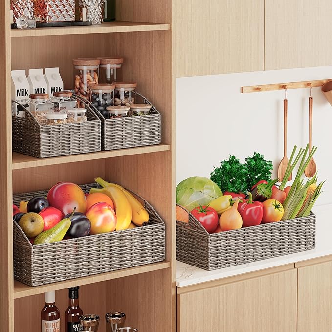 Ollieroo Rattan Storage Baskets, Handwoven Wicker Storage Bins with Built-in Handles, Storage Container Baskets for Shelves, Bedroom, Bathroom, Laundry Room or Kitchen(Grey)