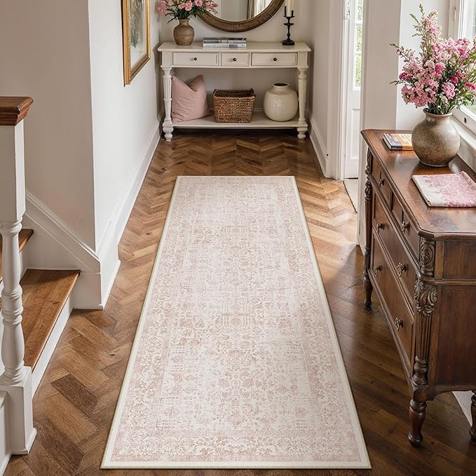 Pink Runner Rug 2x5 Hallway Machine Washable Kitchen Vintage Distressed Non Slip Long Carpet Indoor Retro Floral Bedroom Accent Throw Rug for Bathroom Office Laundry Dining Room