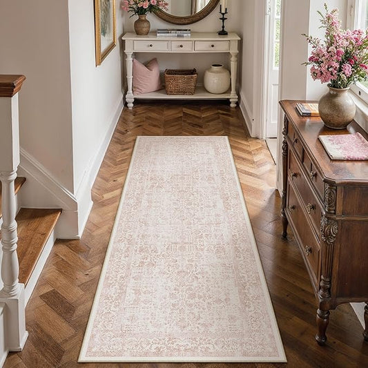 Pink Runner Rug 2x5 Hallway Machine Washable Kitchen Vintage Distressed Non Slip Long Carpet Indoor Retro Floral Bedroom Accent Throw Rug for Bathroom Office Laundry Dining Room