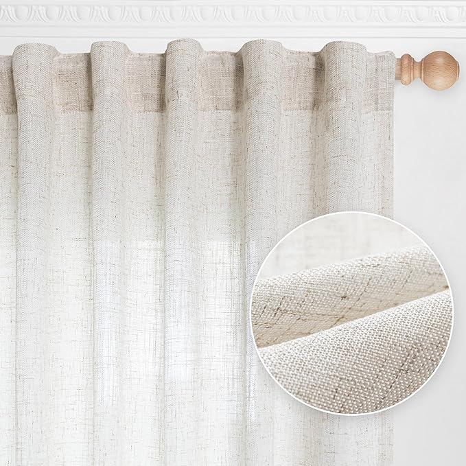 MYSKY HOME Country Curtains for Sliding Glass Door, Back Tab Semi Sheer Curtain Panels Extra Long Floor Length Drapes Linen Texture Soft Touch, 50x108 Inch, Linen, Set of 2