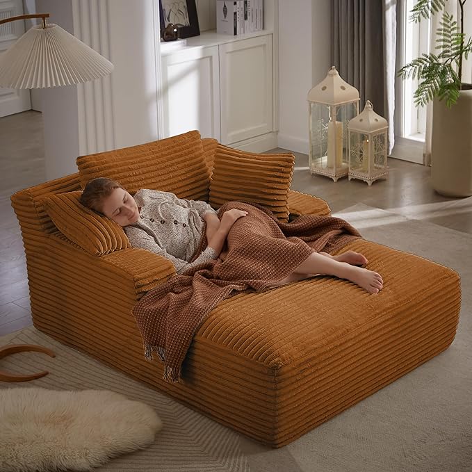Oversized Chaise Lounge, Corduroy Sofa Bed Chair Indoor with Throw Pillows, Cozy Cloud Couch, Upholstered Sleeper Sofa Couch for Living Room, Bedroom, Apartment, Light Gray