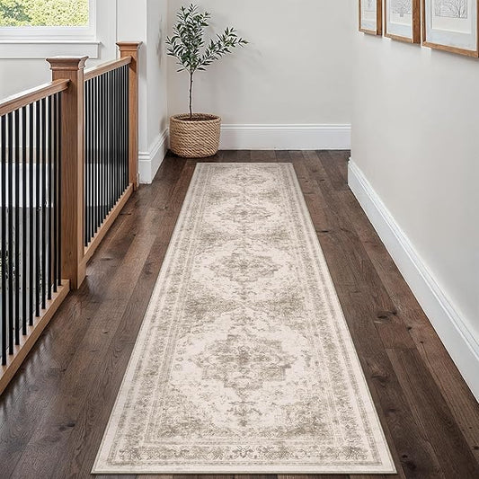 Runner Rug 3x7 Beige Hallway Washable Carpet Non Slip Vintage Medallion Carpet Low Pile Soft Distressed Retro Indoor Long Rug for Entryway Kitchen Bathroom Laundry Bedroom
