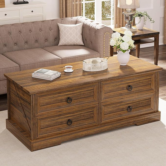 Coffee Table with Storage, 47.2 in Rustic Wooden Center Table with 4 Drawers for Living Room, Easy Assembly Rectangle Home Office Farmhouse Tea Accent Table for Apartment, Walnut