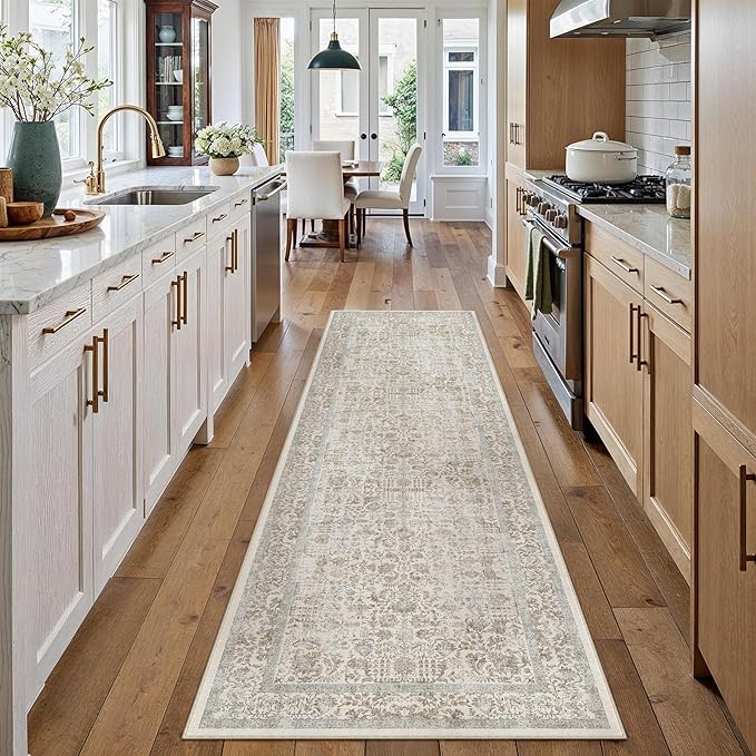 Taupe Runner Rug 3x8 Hallway Machine Washable Kitchen Vintage Distressed Non Slip Long Carpet Indoor Retro Floral Bedroom Accent Throw Rug for Bathroom Office Laundry Dining Living Room