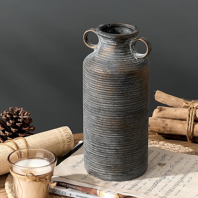 Ceramic Rustic Vase with 2 Round Handles, Antique Farmhouse Flower Vase, Vintage Terracotta Vases for Home Decor, Wedding, Living Room, Table, Shelf Decor - 10.2 Inch Tall, Black Bronze