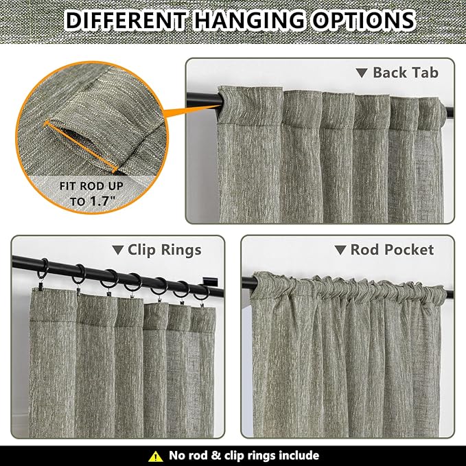 MYSKY HOME 95 Inch Curtains Farmhouse Light Filtering Privacy Curtain Drapes for Patio Door Living Room, Linen Look Texture Fabric Bohemian Draperies Soft Touch, 50x95, Olive Green, 2 Panels