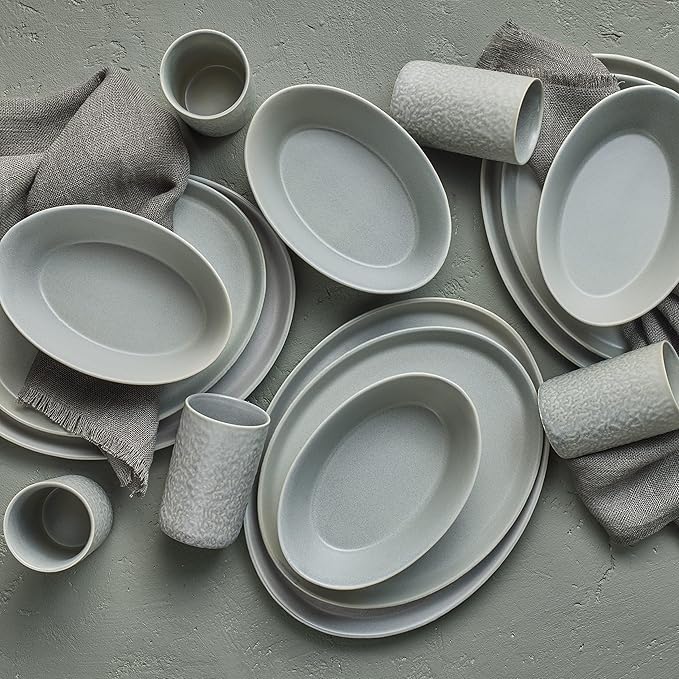 Stone Lain by Mercer Oval Stoneware 16-Piece Dinnerware Set, Light Grey