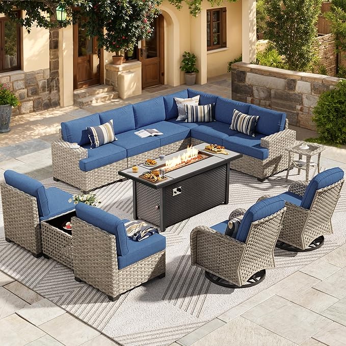 HOOOWOOO Outdoor Sectional Patio Furniture Set with Fire Pit Table,13 Pieces Wicker Conversation Sets L Shaped Couch,Extra Deep Out Door Sofa Outside Furniture with Swivel Chairs,Denim Blue