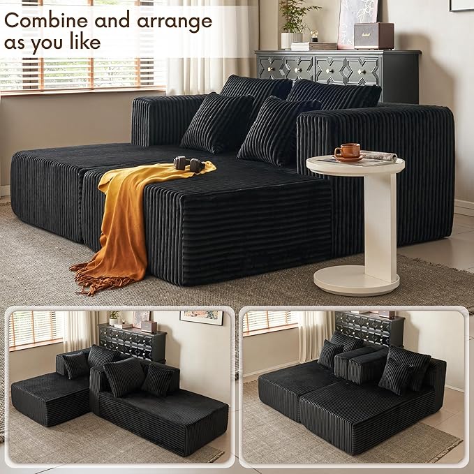 82" Oversized Chaise Lounge Chair, Corduroy Upholstered Sleeper Sofa with 4 Throw Pillows and Wide Armrest for Living Room, No Assembly Required Loveseat Couch, Black