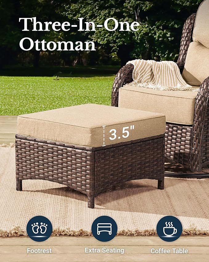 HILLGA Luxury High Back Patio Furniture Set with 6-Inch Thick Cushion, 5-Piece Outdoor Conversation Set with Loveseat, Swivel Rocker Chairs & Ottomans, Ideal for Porch Pool Deck Yard (Beige)