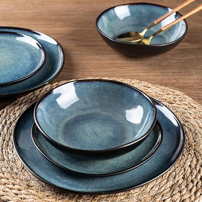 AmorArc Ceramic Dinnerware Sets,Handmade Reactive Glaze Stoneware Plates and Bowls Set,Highly Chip and Crack Resistant | Dishwasher & Microwave Safe Dishes Set,Service for 4 (12pc)