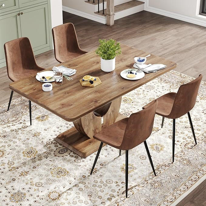 Wooden Dining Table Set for 4, 63" Rectangular Kitchen Table with Upholstered Chairs, Modern Dining Room Furniture with Faux Leather Seating and Sturdy Metal Legs, Brown Farmhouse Table Set