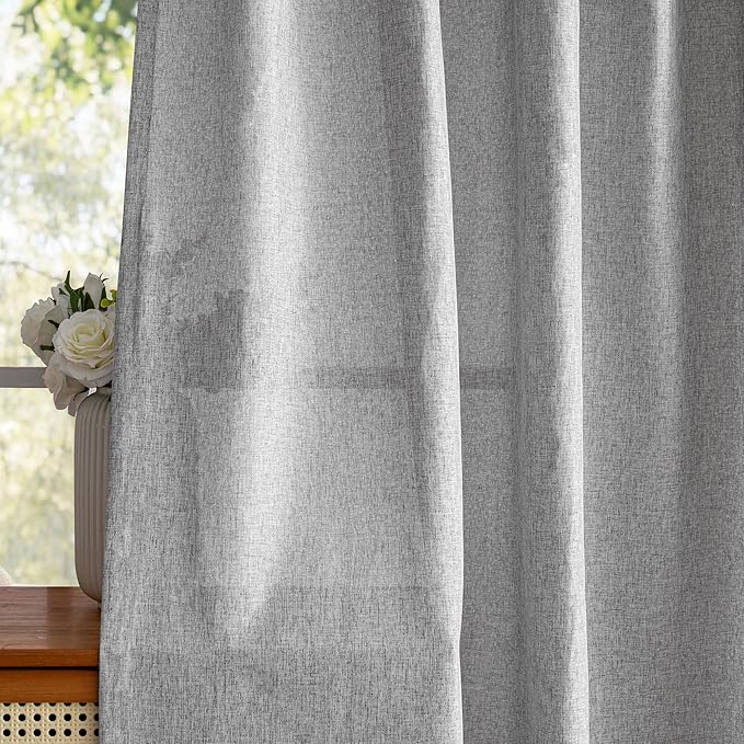 MYSKY HOME Grey Curtains for Bedroom 63 Inch Length Semi Sheer Kitchen Window Curtain Panels Linen Look Texture Light Filtering Privacy Drapes, Farmhouse Home Decor, 50" x 63", Dove Grey, 2 Pieces