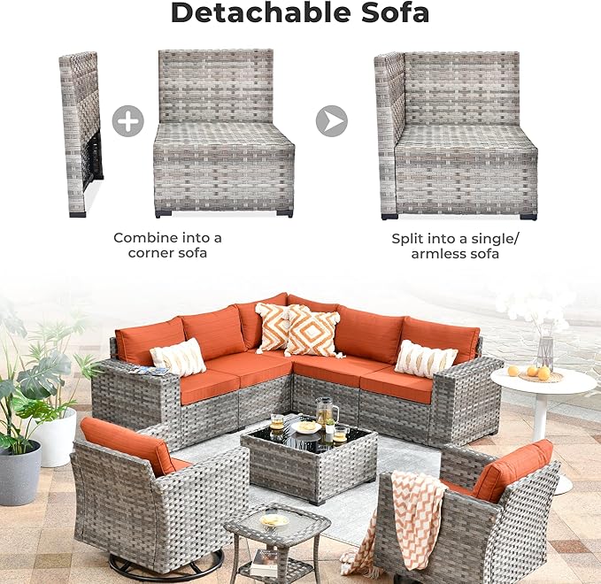ovios 9 Pieces Patio Furniture Set, Outdoor Wicker Sectional Sofa with 2 Swivel Chairs Coffee Table, Modern Modular Deep Seat Rattan Couch Conversation Sets, Orange Red