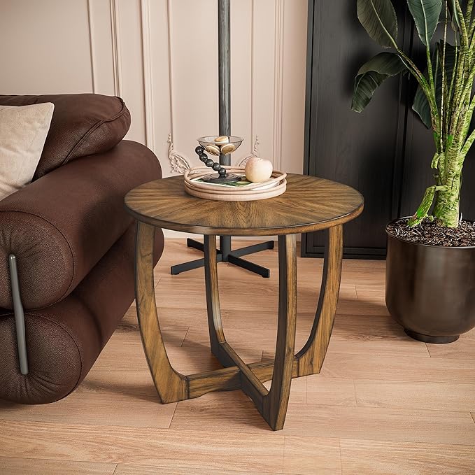 Large Round End Side Table with Cross Wood Leg, Mid Century Sofa Side Tables with soild wood, Walnut Side end Table, Telephone Tabless for Living Room, 23.6" D,Easy Assembly, Rustic Brown CJZ3223