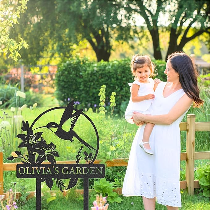 Custom Metal Garden Sign, Personalized Name Sign for Garden, Hummingbird Yard Decor, Outdoor Yard Stakes, Gifts for Plant Lovers