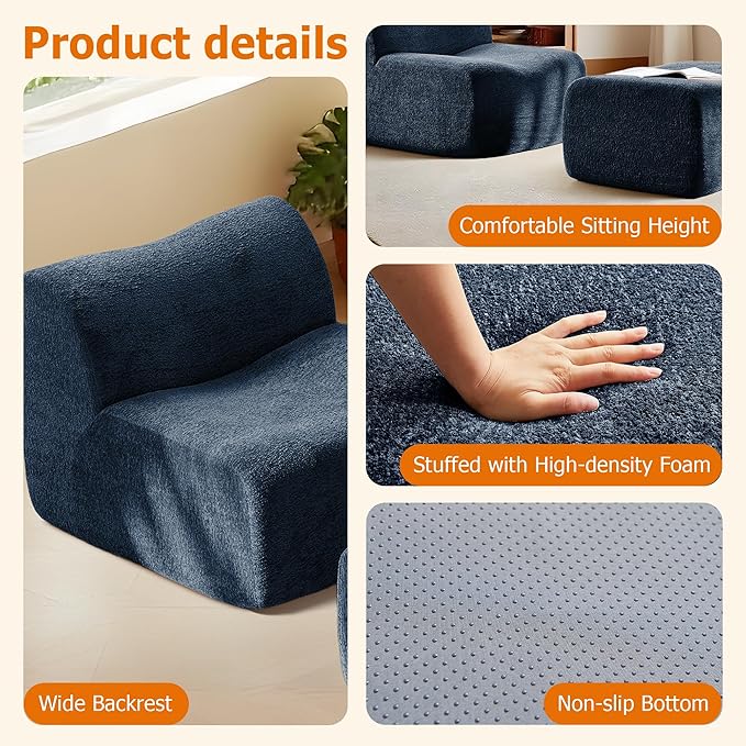Lazy Sofa Chair, Modern Comfy Raindrop Velvet Fabric Deep Seat Armless Lounge Chair Movable Ottoman Set, 1-Seater Modular Sectional Sleeper Couch for Living Room, Bedroom, Office, Salon, Blue