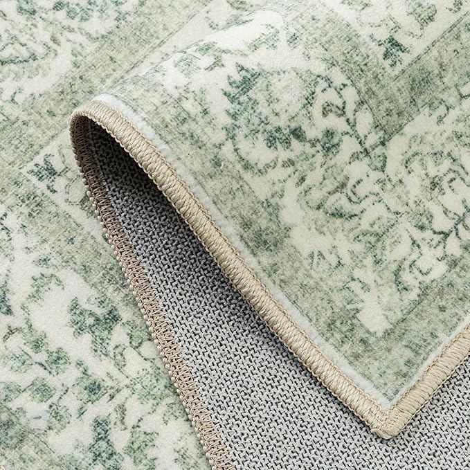 Runner Rug 2x7 Sage Green Hallway Washable Vintage Distressed Kitchen Carpet Non Slip Neutral Low Pile Retro Floral Farmhouse Long Throw Rug Entryway Bathroom Office Laundry Dining Room