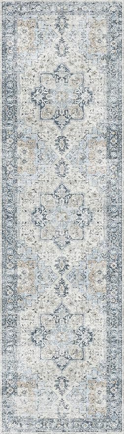 GENIMO Runner Rug 2'6''x10, Non Slip Vintage Hallway Runner Rugs, Low Pile Lightweight Machine Washable Mat for Hallway, Entryway, Bedroom, Kitchen and Corridor, Blue