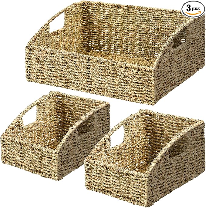 Ollieroo Natural Seagrass Storage Baskets, Handwoven Wicker Storage Bins with Built-in Handles, Storage Container Baskets for Shelves, Bedroom, Bathroom, Laundry Room or Kitchen(Green)