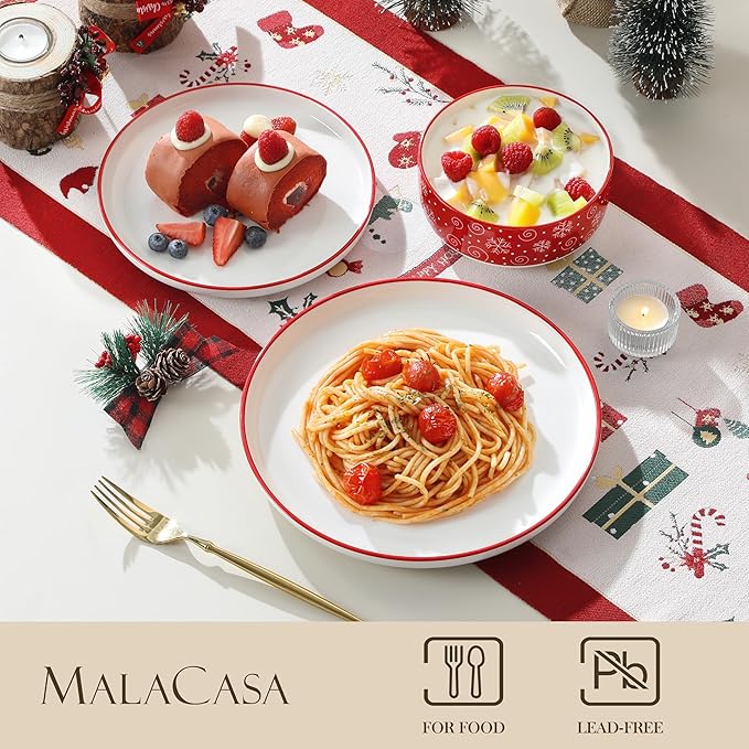 MALACASA Plates and Bowls Sets, 18 Pieces Christmas Porcelain Dinnerware Set for 6, Ceramic Dishware Dishes Kitchen Dining Ware Set, Microwave and Dishwasher Safe, Series LUNA-Christmas Tree