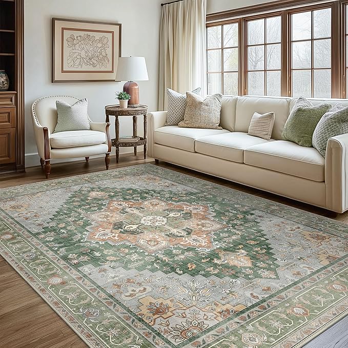 GENIMO 7x10 Area Rugs for Living Room, Machine Washable Non Slip Vintage Rugs, Low Pile Lightweight Chenille Print Rug for Bedroom, Dining Room, Home Office,Sage Green