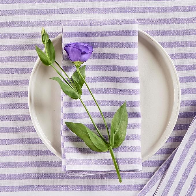 Solino Home Linen Cloth Napkins Set of 4-100% Pure Linen Violet and White Striped Dinner Napkins 20 x 20 Inch - Amalfi Stripe, Handcrafted and Machine Washable