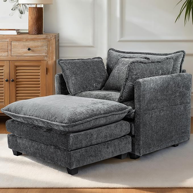 SweetGO corporation 40" Chenille Lounge Chair for Reading, Modern Couch Cozy Sofa Bed, Upholstered Living Room Single Sofa Accent Chair with Ottoman, Grey