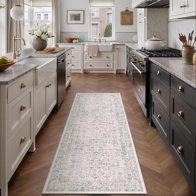 Gray Runner Rug 2x7 Hallway Machine Washable Kitchen Vintage Distressed Non Slip Long Carpet Indoor Grey Retro Floral Bedroom Accent Throw Rug for Bathroom Office Laundry Dining Living Room