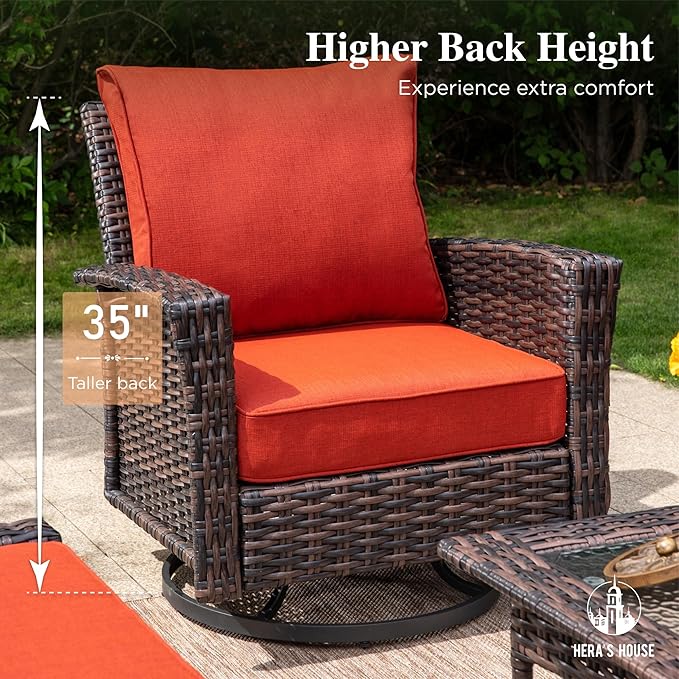 HERA'S HOUSE Outdoor Swivel Chairs with 5.5" Thick Cushions, 35" High Back Patio Furniture Sets, Oversized Wicker Rattan Chairs for Deck Balcony Backyard, Red