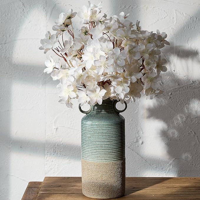 Blue and Brown Ceramic Rustic Vase with 2 Round Handles, Modern Farmhouse Flower Vase, Vintage Terracotta Vases for Home Decor, Wedding, Living Room, Table, Shelf Decor - 9.5 Inch Tall