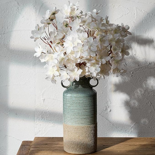 Blue and Brown Ceramic Rustic Vase with 2 Round Handles, Modern Farmhouse Flower Vase, Vintage Terracotta Vases for Home Decor, Wedding, Living Room, Table, Shelf Decor - 9.5 Inch Tall