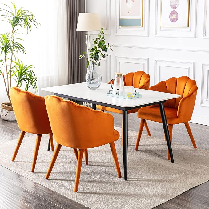 Velvet Dining Chairs Set of 4 Modern Accent Chairs Upholstery Side Chairs with Upholstered Wood Legs for Home Kitchen Living Room, Orange