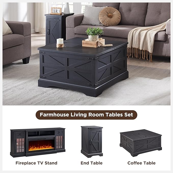 JXQTLINGMU Farmhouse Lift Top Coffee Table with Storage, 36" Wood Square Center Table with Large Hidden Compartment, Rustic Lift Tabletop Dining Table for Home Living Room, Black