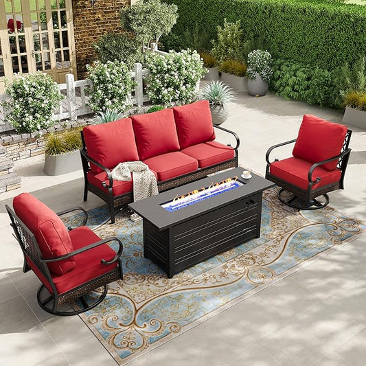 HERA'S HOUSE 4 Piece Patio Furniture Set with 56" Fire Pit Table, 2 x Swivel Cushioned Chair, 1 x 3-Seat Sofa, 5-Seats Outdoor Conversation Set for Lawn Garden Deck, Red