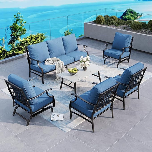 6 Piece Metal Outdoor Patio Furniture Set, Patio Conversation Set 1 3-Seater Sofa, 2 Rocking Chair, 2 Leg Chair with 5.75" Thick Cushion and Coffee Table, Backyard Furniture Set, Navy