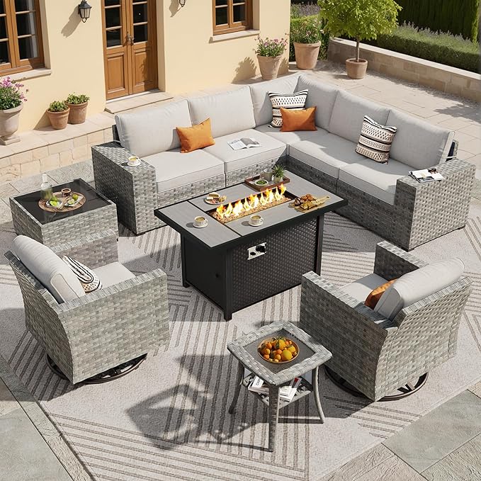 ovios 10 Pieces Patio Furniture Set, Outdoor Wicker Sectional Sofa with 42" Fire Pit Table Swivel Chairs, Modern Modular Deep Seat Rattan Couch Conversation Sets, Beige