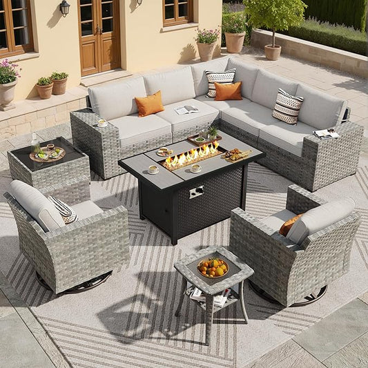 ovios 10 Pieces Patio Furniture Set, Outdoor Wicker Sectional Sofa with 42" Fire Pit Table Swivel Chairs, Modern Modular Deep Seat Rattan Couch Conversation Sets, Beige