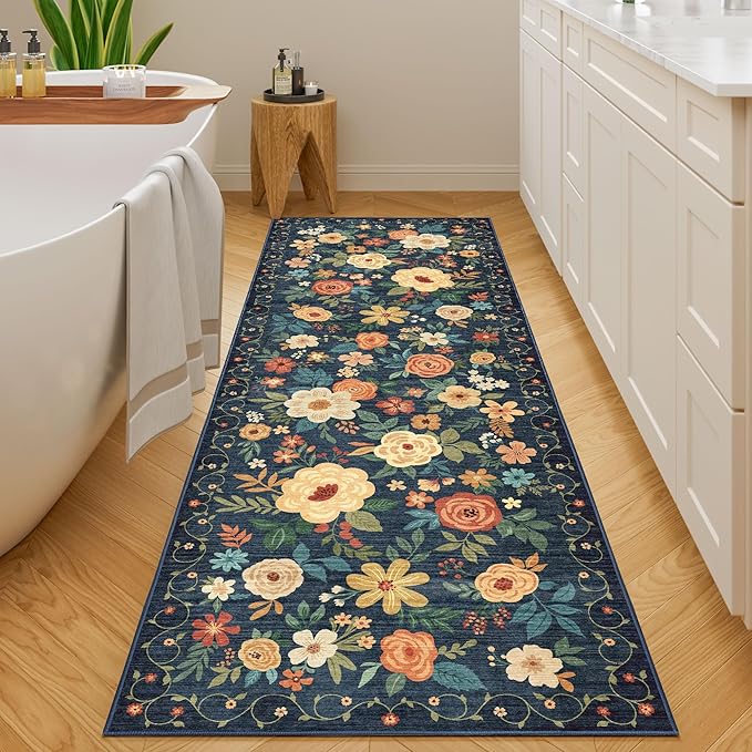 DUKINO Runner Rug, 2x10 Kitchen Hallway Carpet, Washable with Non-Slip Backing, Low Pile Soft Boho Floral for Entryway, Laundry, Bedroom, Dark Blue