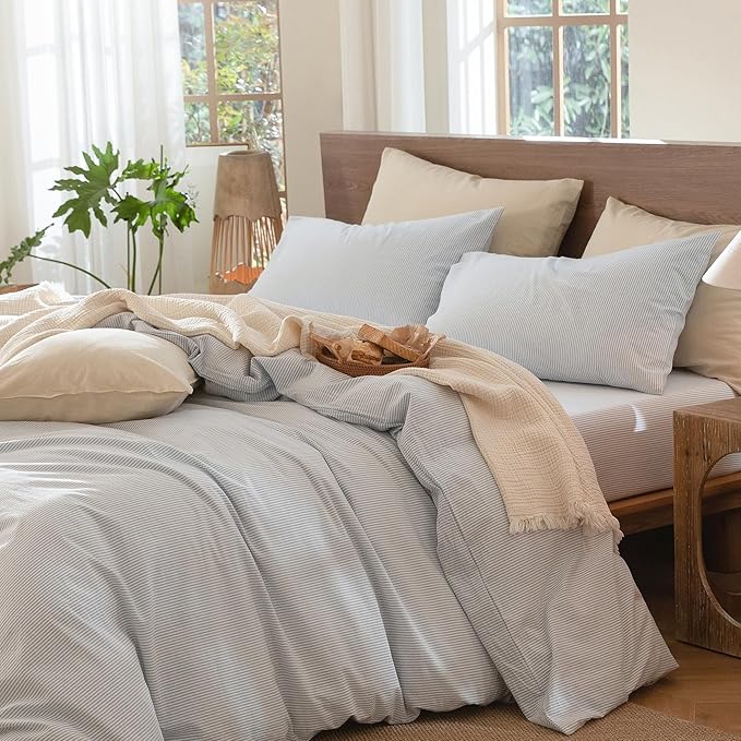 MooMee Striped Duvet Cover Set 100% Washed Cotton Linen Like Textured Breathable Durable Soft Comfy (Cornflower Blue White Pinstripes, Super King Plus 120"x120")