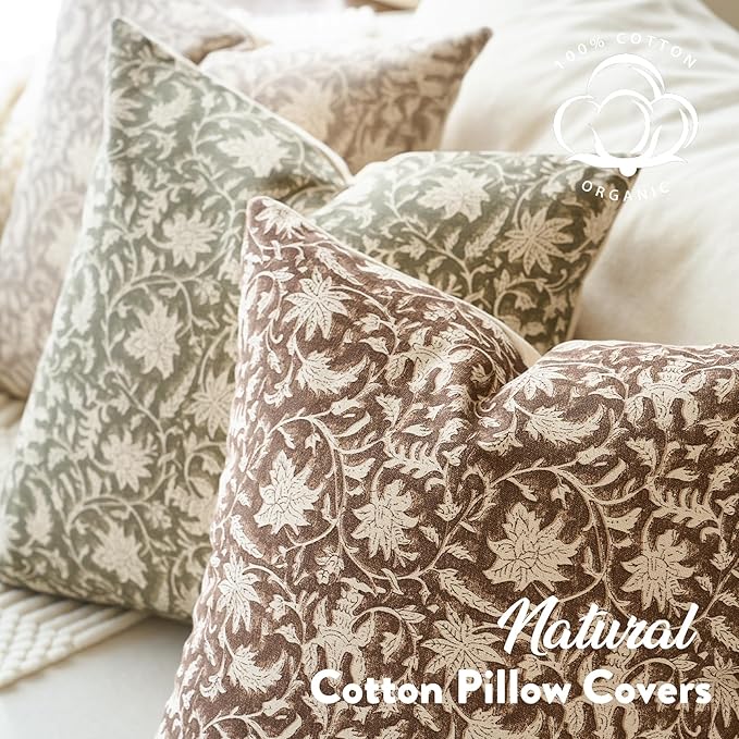 Floral Throw Pillow Covers 20x20 Farmhouse Block Print Pillow Covers Decorative Pillow Covers Couch Pillows for Living Room Vintage Accent Sofa Pillows Set of 2, Brown