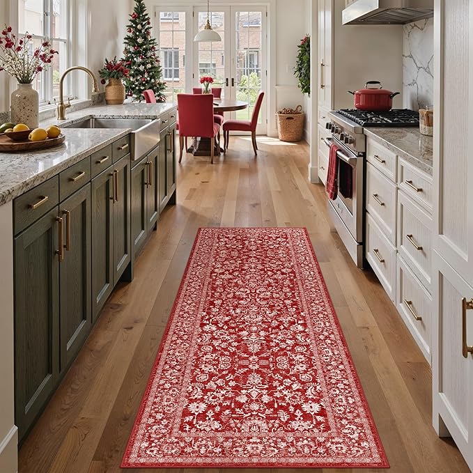 Christmas Runner Rug 2x6 Red Washable Hallway Carpet Retro Floral Holiday Decorative Non Slip Low Pile Soft Throw Long Xmas Rug for Kitchen Bedroom Bathroom