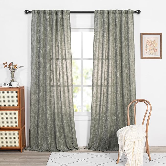 MYSKY HOME 95 Inch Curtains Farmhouse Light Filtering Privacy Curtain Drapes for Patio Door Living Room, Linen Look Texture Fabric Bohemian Draperies Soft Touch, 50x95, Olive Green, 2 Panels
