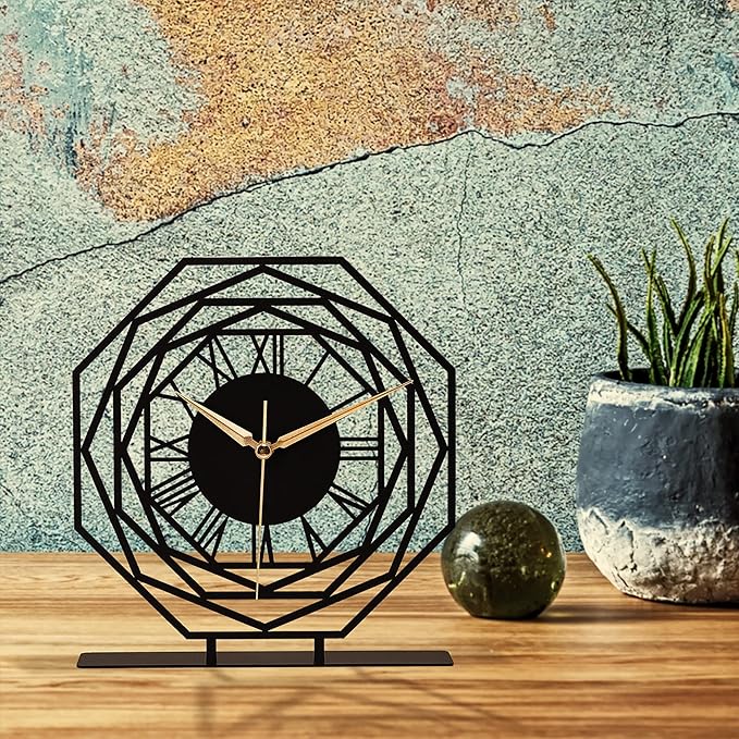 8.9x9.5 Metal Desk Clock, Black Round Silent Non-Ticking Analog Table Clock, Battery Operated, Decorative Desk and Shelf Clock, Desk Clocks for Living Room Bedroom Kitchen Office School