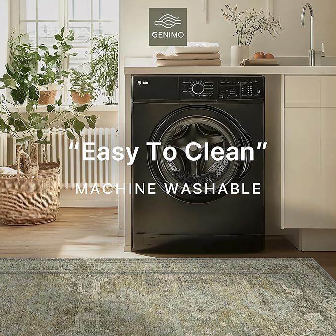 GENIMO Runner Rug 2x5 Non Slip Machine Washable Vintage Hallway Runner Rugs, Low Pile Lightweight Mat for Living Room, Entryway, Bedroom, Kitchen and Corridor, Distressed Sage