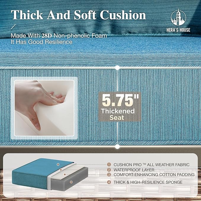 HERA'S HOUSE 4 Piece Patio Furniture Set with 56" Fire Pit Table, 2 x Swivel Cushioned Chair, 1 x 3-Seat Sofa, 5-Seats Outdoor Conversation Set for Lawn Garden Deck, Pacific Blue